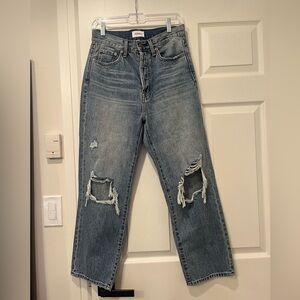 Pistola, button fly, blue denim, wide leg, ripped knees, jean
